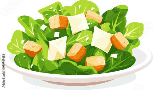 Fresh green salad topped with croutons and diced cheese served on a plate cartoon isolated on transparent background. Vector illustration.
