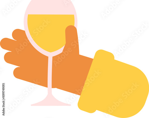 Bar patron hand holding a glass of champagne. Tasting drinks in bars and restaurants. Image for design of countries cultural traditions. Simple flat vector isolated on white background