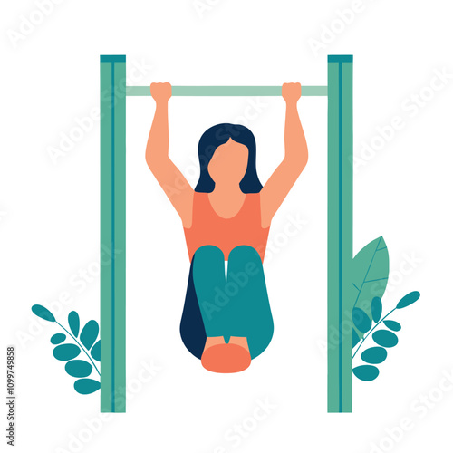 Woman doing pull-ups on horizontal bar. Flat vector illustration.