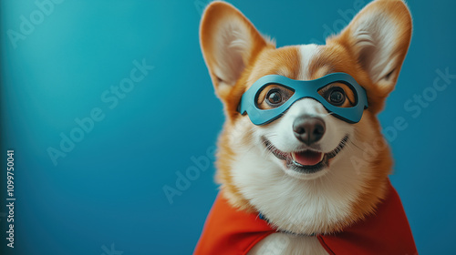 Corgi superhero in a blue mask and red cape against a blue background