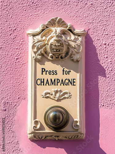 An ornate doorbell with the words 