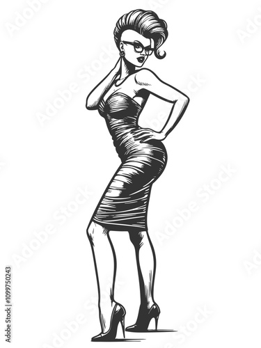 Stylish punk woman, mohawk and tattoos adjusting her glasses, alternative fashion sketch engraving generative ai fictional character vector illustration. Scratch board imitation. Black and white image