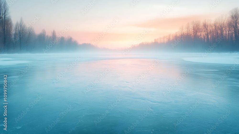 Fototapeta premium Tranquil winter sunrise over frozen lake nature landscape serene environment wide viewpoint