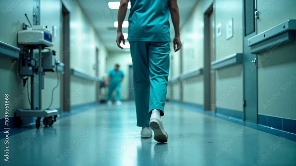 Obraz premium A nurse is walking down a hospital hallway with blurry background