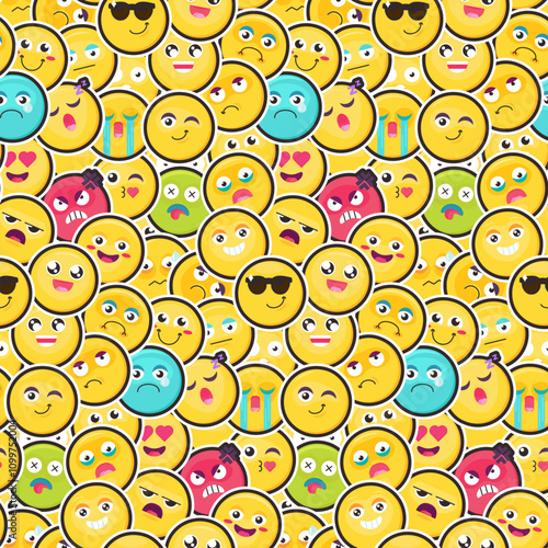 Crowd smile emoji seamless pattern with emoticons and different facial expressions. Ornament for printing on fabric, cover and packaging. Vector