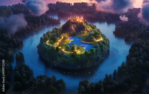 Enchanted island at twilight.  Luminous pathways wind through lush forests, a mystical castle glows atop the hill.  Dreamlike scenery, perfect for fantasy or fairytale themes.