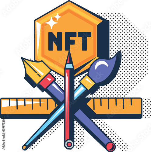 Multi colored sale of digital NFT goods. Creation of collectible digital work of art. Platform for trading on blockchain technology. Futuristic cartoon outline vector isolated on white background