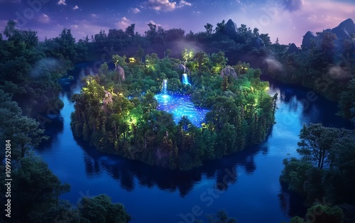 Enchanted island at twilight. Lush vegetation, waterfalls, and glowing flora surround a tranquil lake.  Magical fantasy landscape.
