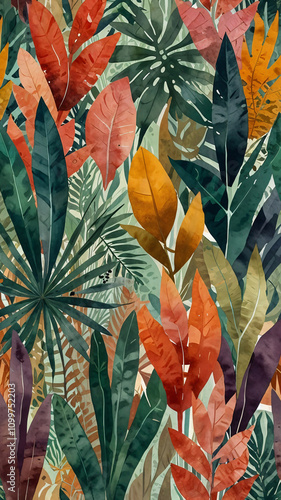 Vintage Style Tropical Leaves and Tropical Plants Art Print Vintage Wallpaper