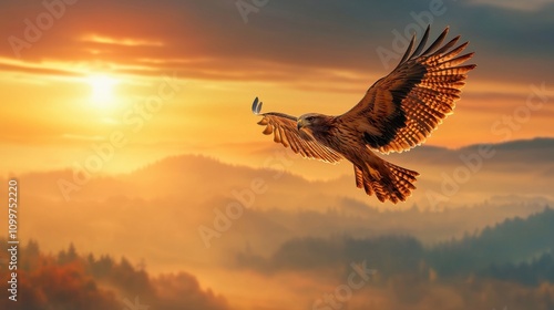 Majestic griffin soaring over a sunrise valley nature scene aerial view fantasy concept landscape photography photo