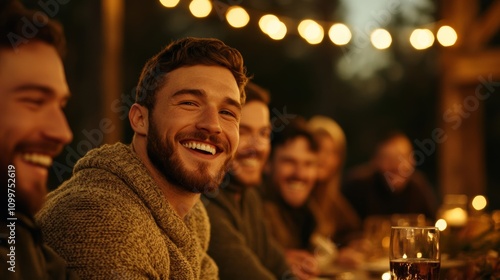 Friends gathered around a long rustic table, laughing and clinking glasses, surrounded by traditional Thanksgiving dishes, cozy Friendsgiving celebration 