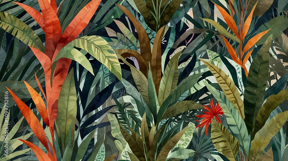 Fototapeta premium Colorful Tropical Botanical Art in Vintage Retro Style Vintage Wallpaper