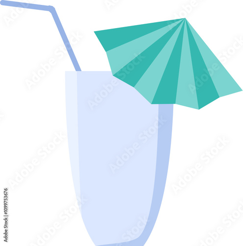 Vector milkshake or cocktail glass with a tube and a cocktail umbrella for milkshakes, juice, cocktails in a bright flat style. Tableware for picnics, trips, banquettes, public institutions, and