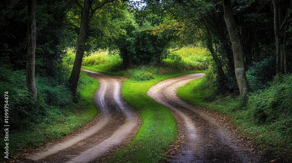 Obraz premium Diverging Paths in a Lush Forest Representing Career Choices and Their Impact on Success or Failure