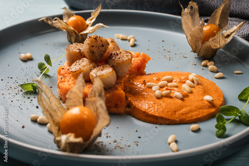 A gourmet scallops lunch with carrot puree in Romesco sauce served on a blue plate with fesalis, a glass of white wine and cutlery. photo