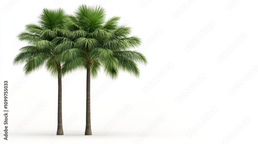 Obraz premium Large tropical palm tree with lush fronds, isolated on a white background, vacation vibe with space for text 