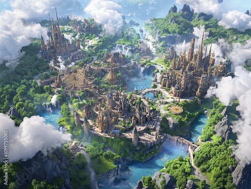 Aerial view of a fantasy kingdom, majestic castles nestled among lush green landscapes, waterfalls, and rivers.  Perfect for game design, book covers, or fantasy art.