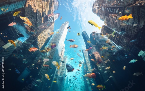 Surreal underwater cityscape with colorful fish swimming among skyscrapers photo