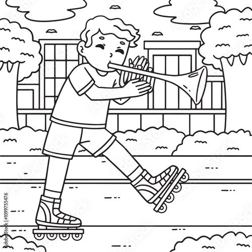 Inline Skater with Trumpet Coloring Page for Kids