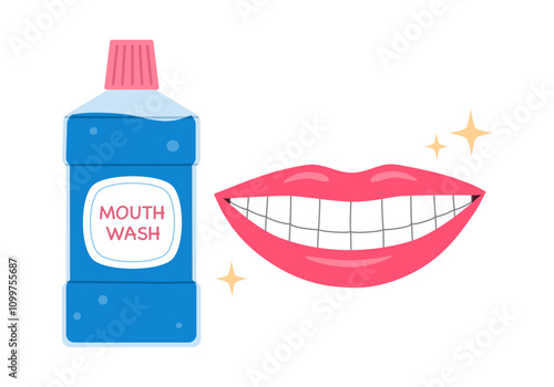 Mouthwash with cleaned and shiny teeth in flat design. Dental care. Oral hygiene.