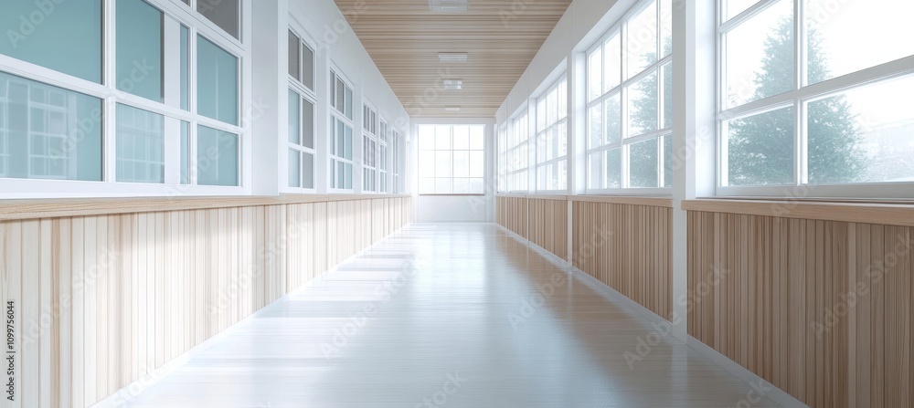 Obraz premium Bright, Empty School Corridor With White Walls, Numerous Windows, And Light Wooden Panels.