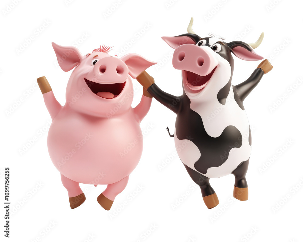 Fototapeta premium Happy cartoon pig and cow characters celebrating together in joyful scene. Their playful expressions and vibrant colors create fun and lively atmosphere