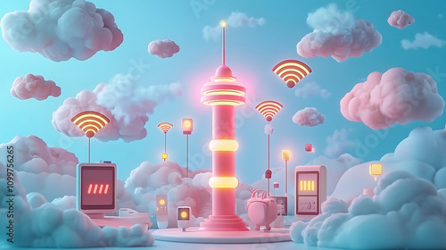 Stylized 3D render of a pink tower surrounded by fluffy clouds emitting wifi signals Various pastelcolored devices and signal transmitters are also present A whimsical futuristic scene photo