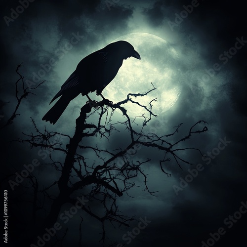 Silhouette of crow perched on tree branches in city abandonment and moon at midnight with bright and dark clouds, concept of scary and horror photo