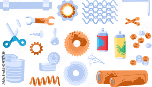 Broken rusty unwanted steel objects kit. Pieces of wire and mesh, aluminum cans, rusty sheet metal, broken household metal products. Recycling of Metal. Simple cartoon flat vector isolated on white