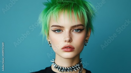 Model with a spiked mullet, tips dyed neon green with dark roots, edgy and punk-inspired hairstyle, unconventional energy  photo