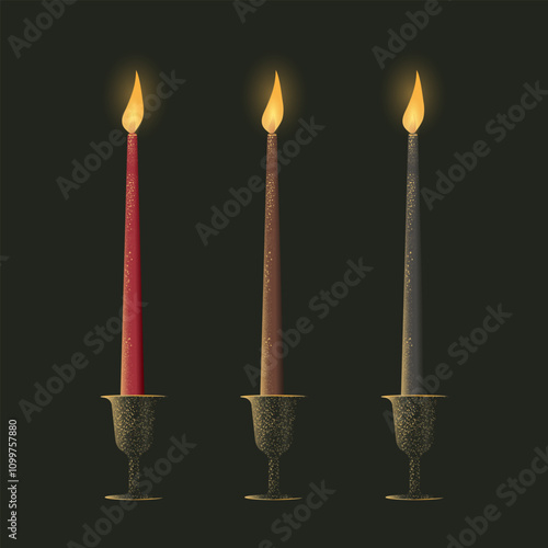 Burning thin and long Christmas candles with gold dust, glitter: red, brown and black. Black candlesticks with sequins and gold effects. Isolated on a dark background. Vector illustration.