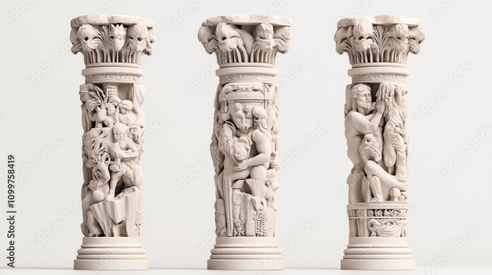 Obraz premium Three intricately carved stone pillars featuring detailed human and mythological figures in classical style with ornate decorative designs