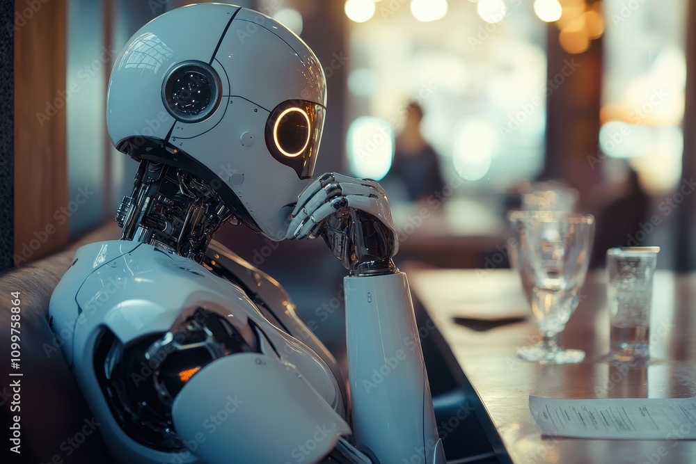 Fototapeta premium Robot sitting thoughtfully in a modern cafe during the evening hours
