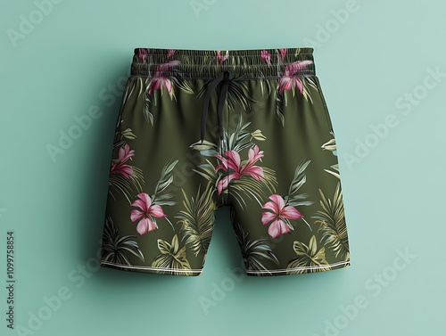 Stylish mena??s swim shorts mockup in olive green with tropical patterns on a mint background photo