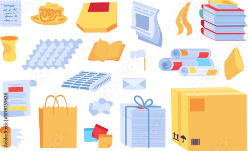 Collection of unwanted Paper Objects. Items out of use and subject to disposal. Recycling of Paper and carton industrial products. Cartoon vector isolated on white background