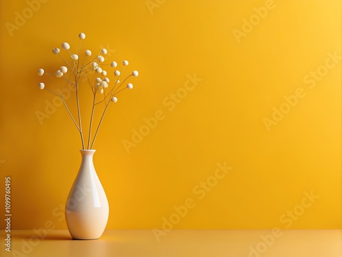 This artwork presents a sleek white flower vase against a mustard backdrop, utilizing simple geometric shapes for a stylish, contemporary decor touch in any room.