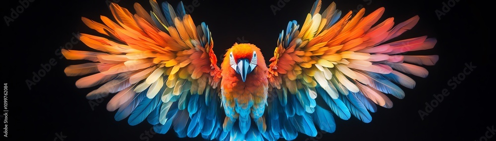 Obraz premium Frontal view of a vibrant parrot displaying colorful feathers, illuminated by innovative light showcasing intricate communication gestures