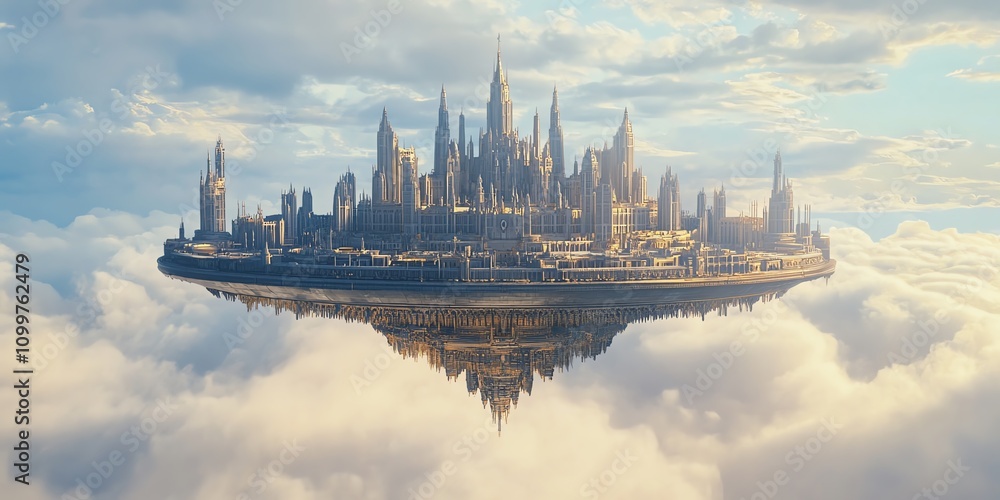 Naklejka premium A majestic floating castle among the clouds, a fantasy scene with airships, perfect for fairytale, dreamscape, and fantasy settings.