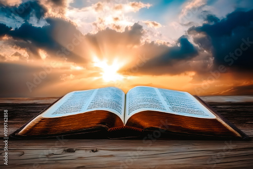 Livre ancien ouvert sur table en bois avec soleil rayonnant dans le ciel nuageux photo