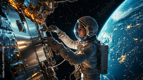 Fototapeta Naklejka Na Ścianę i Meble -  Female astronaut conducting satellite repair in outer space