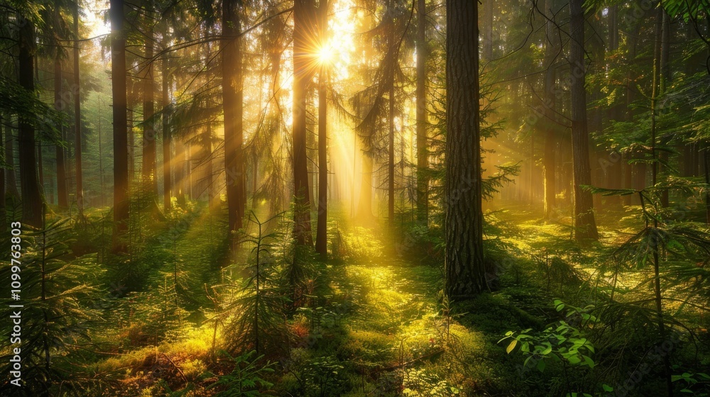 Obraz premium Majestic sunbeams illuminate a lush green forest in summer evening