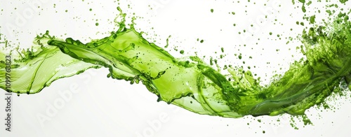 Green Liquid Splash: A vibrant, dynamic splash of bright green liquid, frozen in mid-air, creating a visually striking and energetic abstract image. Perfect for concepts related to health, freshness. photo