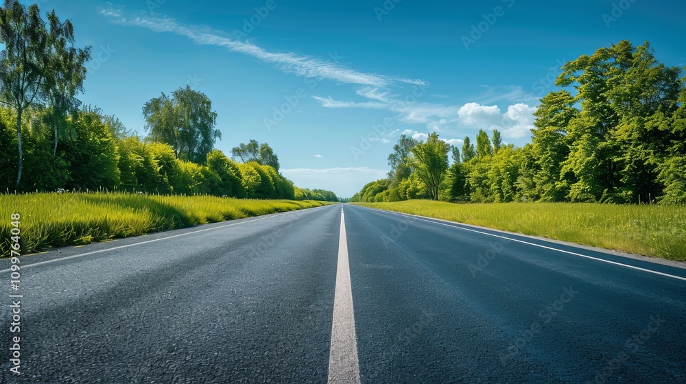 Fototapeta premium Empty asphalt straight road with green trees on the roadside.