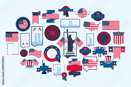 Set of festive elements, attributes of american flag Independence Day. Borders, flags, banners, ribbons, badges, Statue of Liberty, city and skyscraper outlines. Flat vector icons in colors of US flag