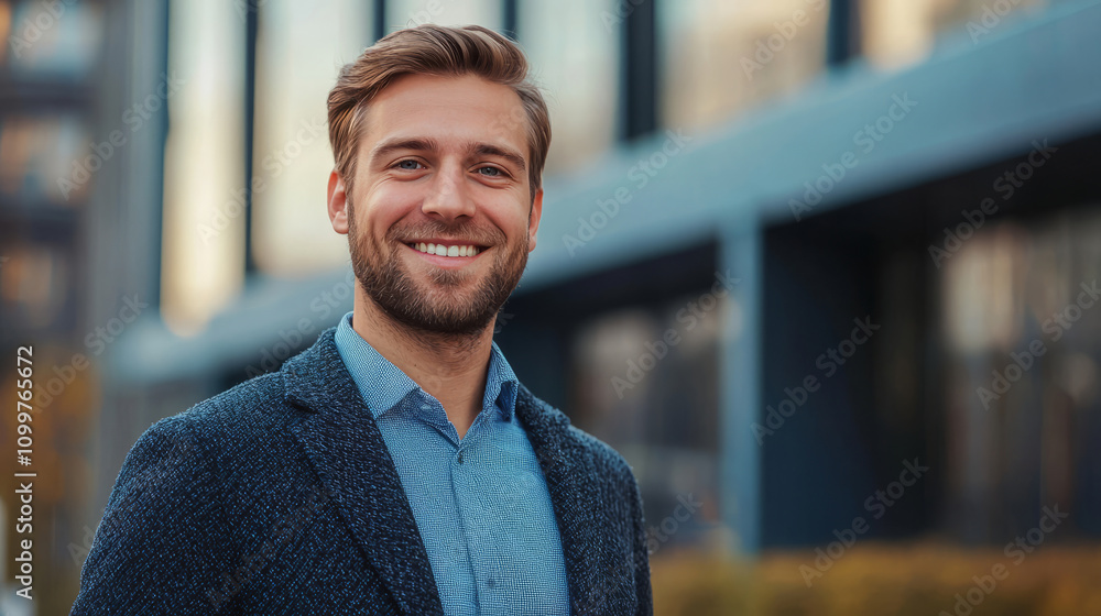Naklejka premium Confident young business professional smiling outside office building