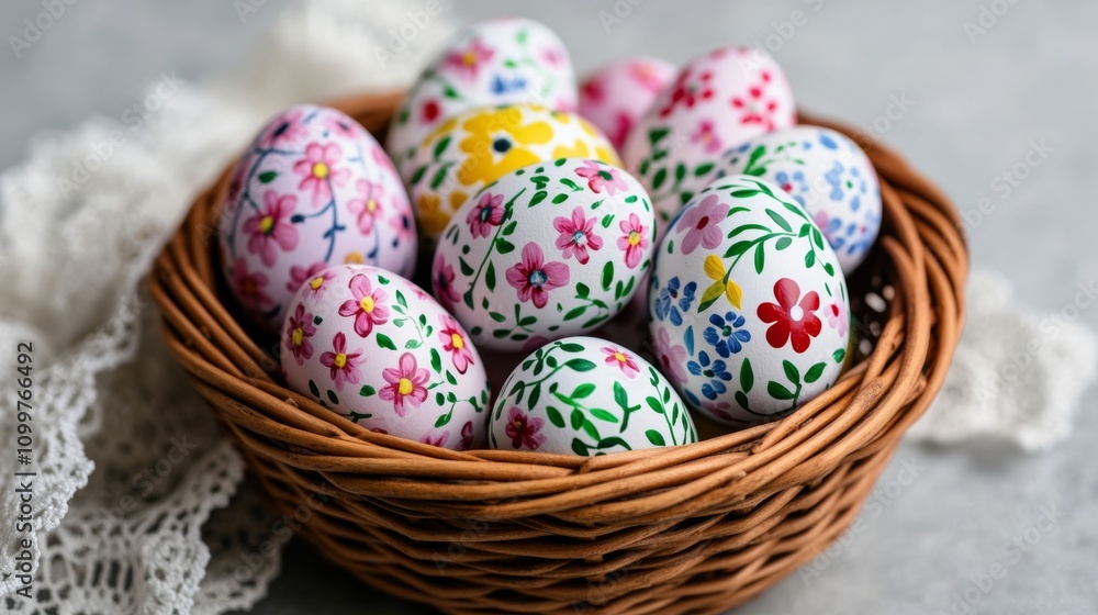 Fototapeta premium Vintage wicker basket filled with hand-painted Easter eggs, delicate floral designs in muted tones, surrounded by lace doilies, classic Easter feel 
