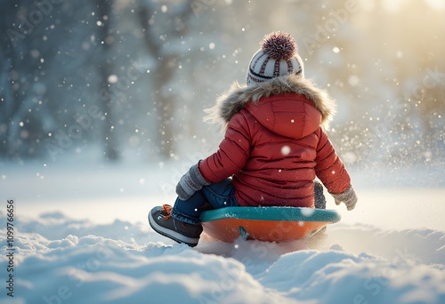 child sledding in the snow