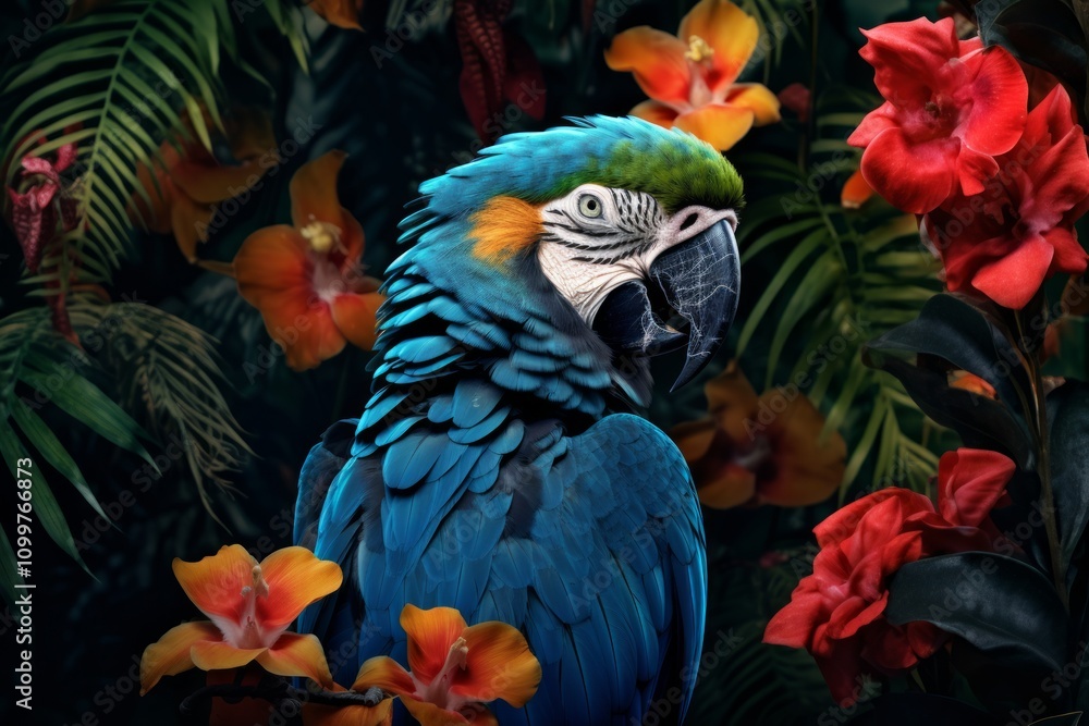 Fototapeta premium Precisionist Portrait of Blue Macaw Amidst Greenery