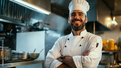 Confident head chef standing proudly in restaurant kitchen photo