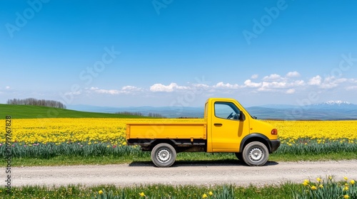 Wallpaper Mural Yellow cargo pickup truck parked on a dirt road lined with daffodils and tulips, fields of wildflowers stretching into the distance, cheerful spring vibe  Torontodigital.ca